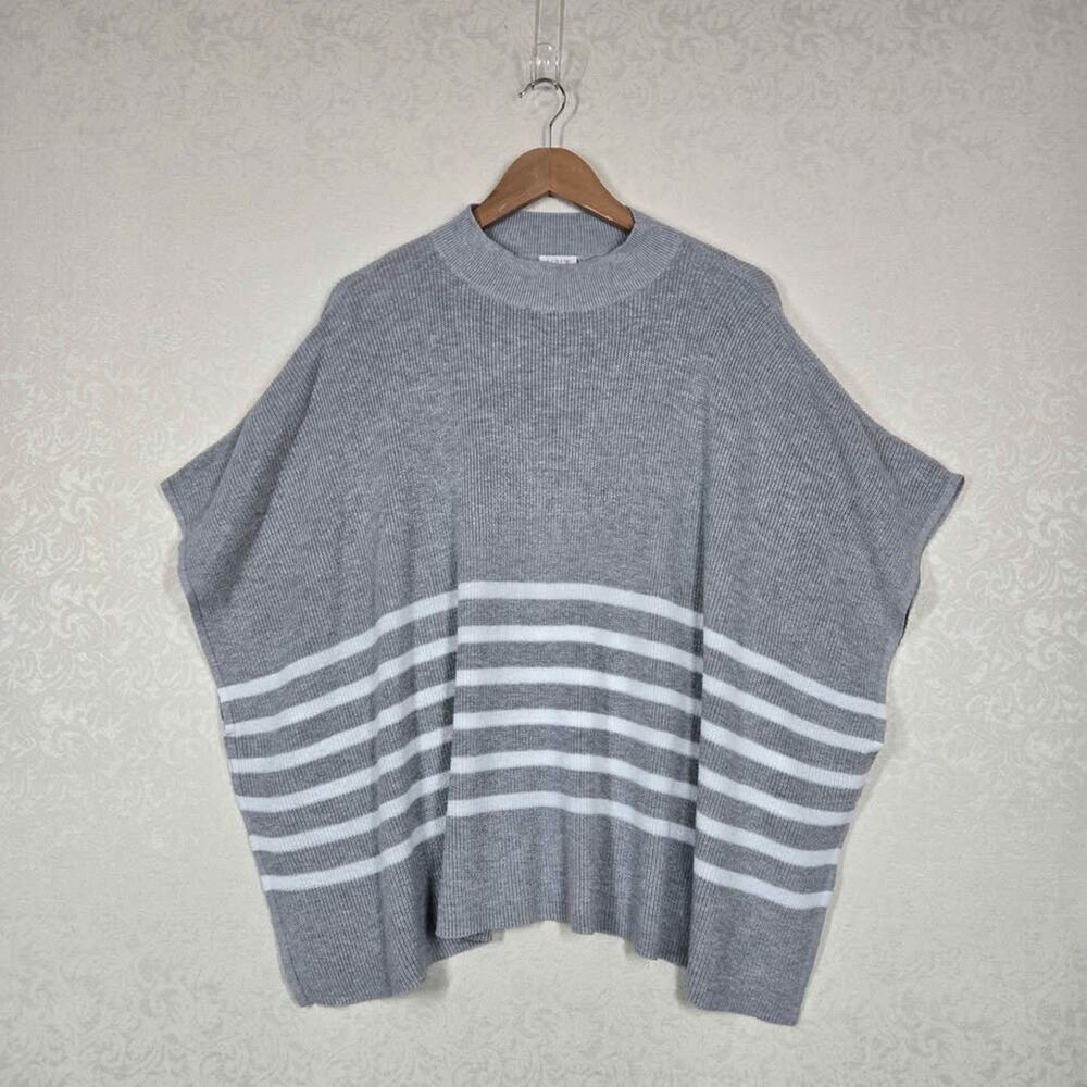 J.Crew Striped Knit Poncho Sweater Cape Gray White Modern Minimalist